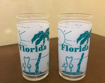 Set of 2 Vintage Frosted Florida Souvenir Juice Glasses, Florida Decor Mid Century Style