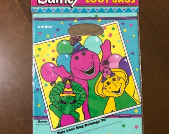 1995 Barney Dinosaur Treat Loot Bags, 8 Count - Lyons Group, Unique Industries, Barney Dinosaur 90s Childrens Party Favors, Barney Baby Bop