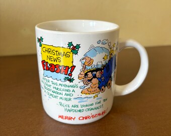 Christmas News Flash Humor Mugs 80s Police Hardened Criminals, Contenova Korea, 90s Christmas Novelty Mugs