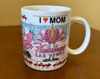 Vintage Flamingo Las Vegas Resort "I Love Mom" Tropical Birds, Cartoon Flamingo Waterfall Ceramic Mug, Linyi Silver Phoenix China