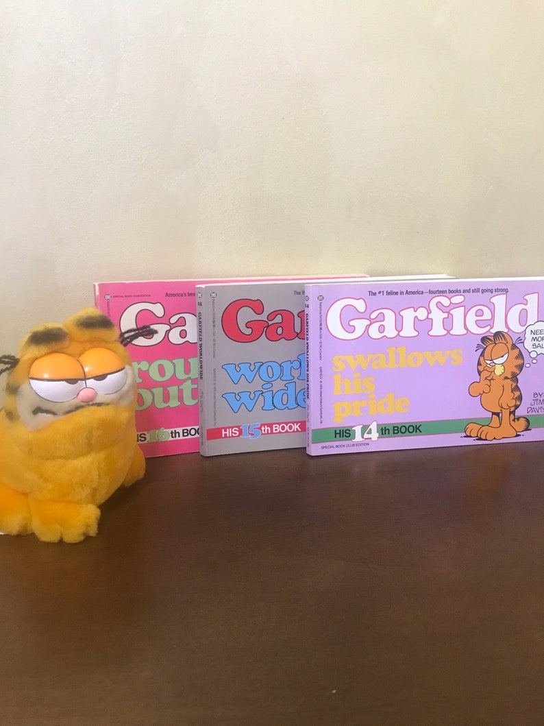 May include: A plush orange Garfield toy with black stripes and half-closed eyes positioned next to three Garfield comic books titled Garfield Rounds Out, Garfield Worldwide, and Garfield Swallows His Pride, which are the 16th, 15th, and 14th books.