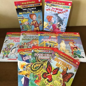 May include: A collection of ten Magic School Bus chapter books featuring colourful covers with illustrations of a whale, a penguin, a butterfly, a magnet, a polar bear, a snake, a dinosaur, and a skeleton. The books are titled "The Search for the Missing Bones", "The Wild Whale Watch", "Penguin Puzz", "Expedition Down Under", "Amazing Magnetism", "Polar Bear Patrol", "Colour", "Food Chain Frenzy", and "Butterfly Battle".