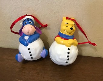 Set of 2 Christmas Disney Winnie the Pooh and Eeyore Snowball Ornaments
