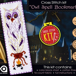Magic cross stitch kit &quot;Owl Spell&quot; Bookmark embroidery kit with Counted Pattern for unique handmade gift for Halloween, Best Friend Gift