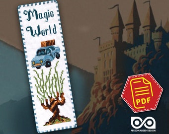 Marcapáginas de punto de cruz con cita mágica "Coche volador" - Diseño de bordado de película de fantasía para brujas y magos - Descarga instantánea en formato PDF