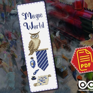 May include: A cross-stitch bookmark featuring a brown owl with yellow eyes, a blue and white striped tie, a quill pen, an inkwell, and a scroll. The bookmark is white with the text "Magic World" in blue.
