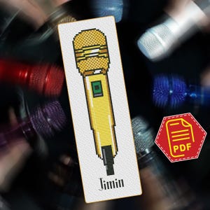 May include: A cross-stitch pattern of a yellow microphone with the name "Jimin" at the bottom. The background features blurred images of various colored microphones. A red PDF icon is in the lower right corner.