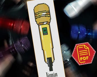 Wzór haftu krzyżykowego BTS w formacie PDF – Złoty mikrofon Jimina – wzór do haftu – Armia, prezent DIY dla fana K-popu