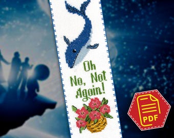 Zakładka do haftu krzyżykowego – Oh No Not Again – Petunie z płetwalem błękitnym – Prezent dla miłośnika książek science fiction – Natychmiastowe pobranie wzoru do haftu w formacie PDF