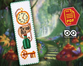 Fairy cross stitch bookmark pattern "In Wonderland" - Modern hand embroidery design for unique bookmark - Download in PDF