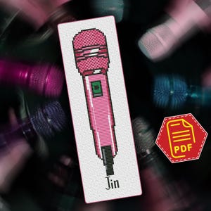 May include: A pink pixelated microphone design on a white background, with the name "Jin" at the bottom. The image has a PDF icon in the corner and a blurred background of other microphones.