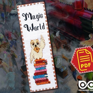 Kids cross stitch bookmark pattern &quot;Magic Snowy Owl&quot; - Wizard animal embroidery design for beginners - Instant Download in PDF