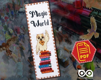 Kids cross stitch bookmark pattern "Magic Snowy Owl" - Wizard animal embroidery design for beginners - Instant Download in PDF