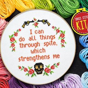 Inspirational quote cross stitch kit - I can do all things through spite which strengthens me - Crafts for adults, Gift for her, Home decor