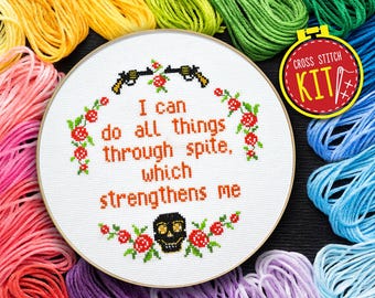Funny Cross Stitch Kit – I Can Do All Things Through Spite – Snarky Embroidery Craft Gift