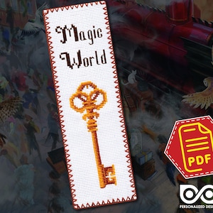 Modern cross stitch bookmark pattern "Open Lock" - Magic key spell embroidery design for witches and wizards - Download in PDF