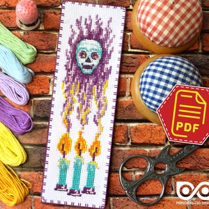 Creepy skull cross stitch bookmark pattern, Magic embroidery design for Halloween, Download in PDF and DIY handmade gift for best Friend