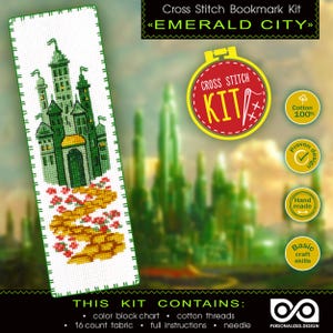 May include: Cross stitch bookmark kit featuring a green castle with yellow brick road and red poppies. The kit includes a color block chart, 16 count fabric, cotton threads, a needle, and full instructions. The kit is titled "Emerald City".