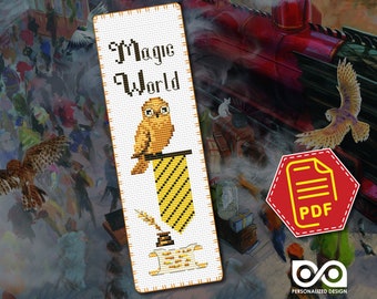 Kids cross stitch Magic Owl bookmark pattern - Wizard animal embroidery design for beginners - DIY handmade gift - Instant Download in PDF