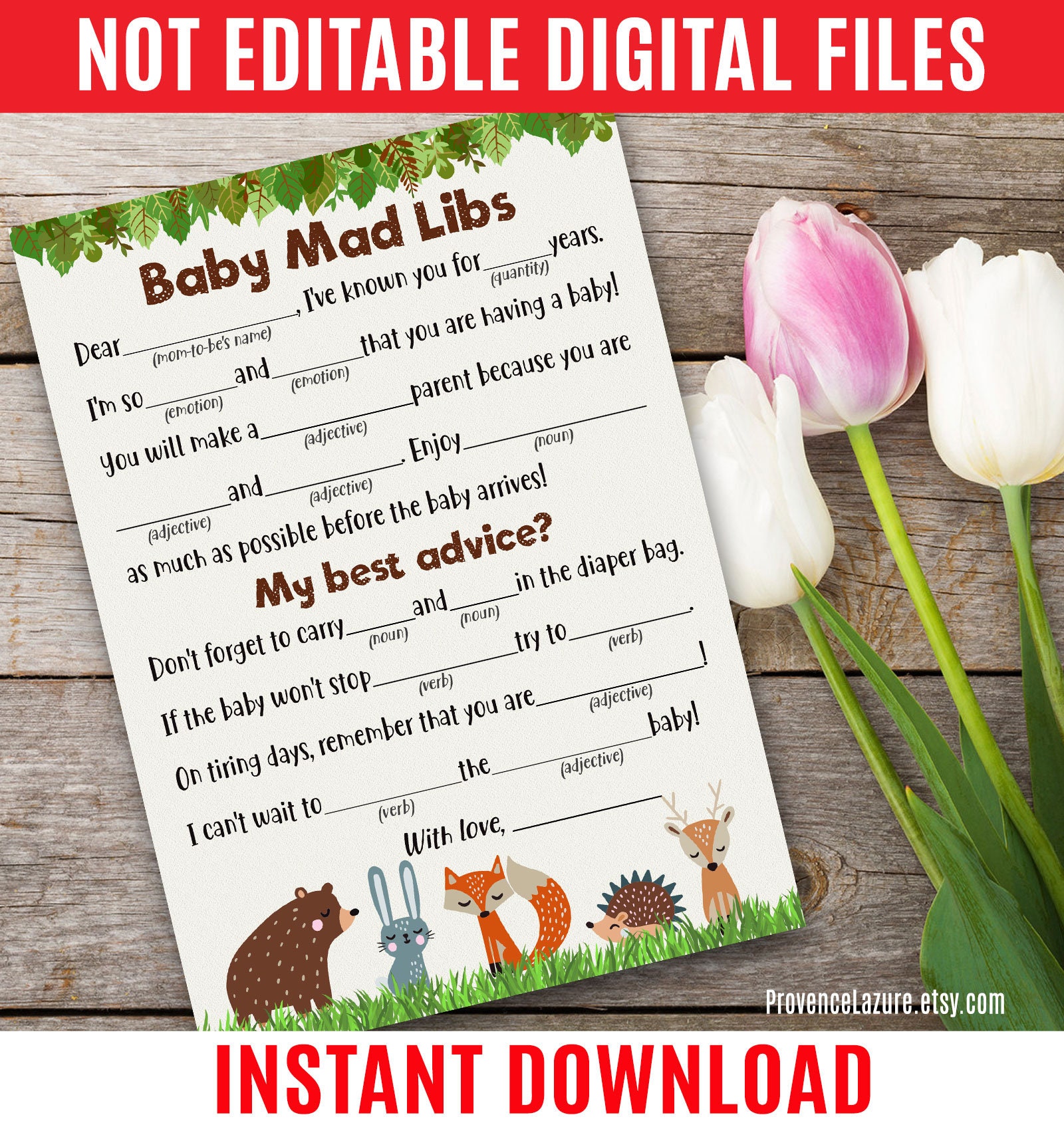 Baby Mad Libs Mommy Advice Card Woodland Baby Shower game Etsy