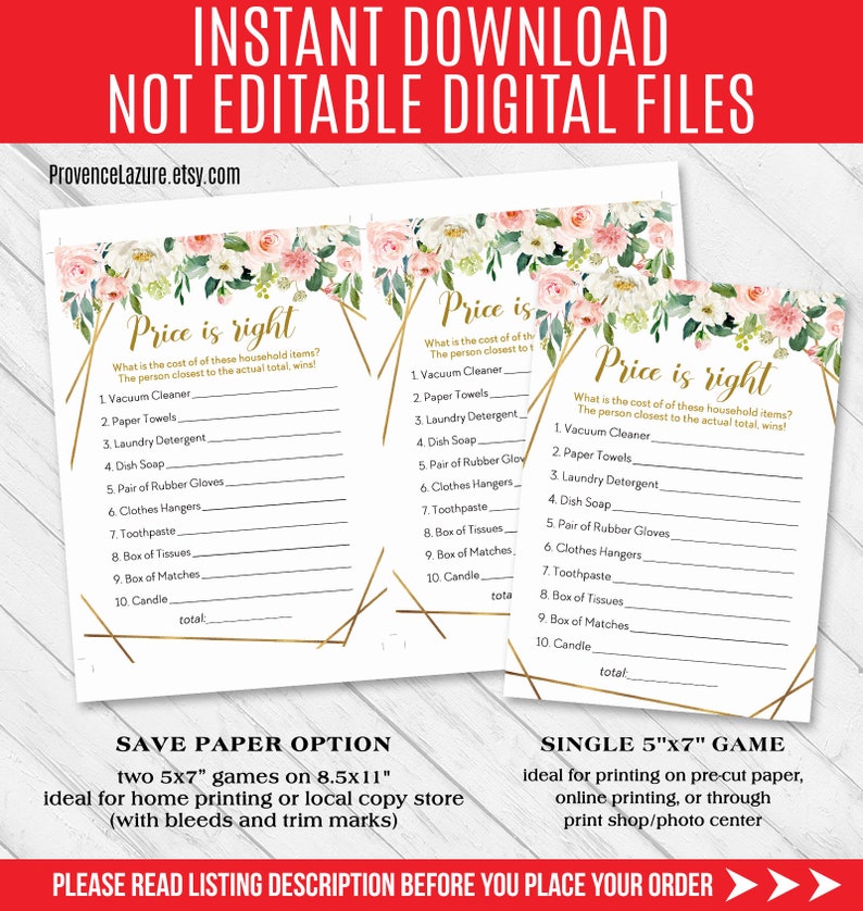 price is right game printable bridal shower guess the price etsy