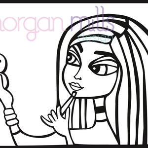 Puede incluir: Dibujo en blanco y negro de una mujer aplicándose maquillaje. Sostiene un estuche compacto con el número "7" y una brocha de maquillaje en la otra mano.