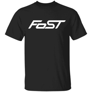 May include: Black t-shirt with the word "FAST" printed in white on the front.