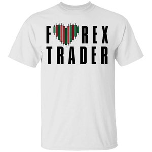 May include: White t-shirt with black text that reads "I  FOREX TRADER" with a heart-shaped graphic of green and red candlestick charts.