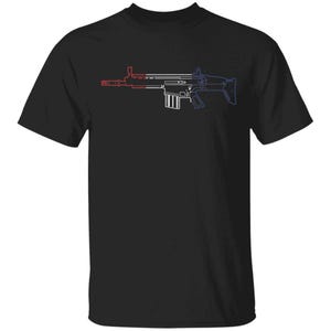 May include: A black short-sleeved t-shirt featuring a graphic outline of a rifle. The rifle design is divided into three vertical sections colored red, white, and blue, creating a tricolor effect across the length of the firearm illustration.