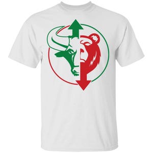 May include: A white short-sleeve t-shirt featuring a central graphic of a split bull and bear face inside a circular border. The bull half is green with an upward-pointing arrow, and the bear half is red with a downward-pointing arrow.