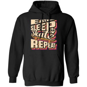 May include: A black hooded sweatshirt featuring a graphic print with the text EAT SLEEP SKATE REPEAT in a retro font. The design includes a stylized skateboard and a small skull icon, rendered in layered shades of cream, orange, and purple.