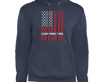 Contractor American Flag Hoodie, Patriotic Builder Apparel, Blue Collar Pride, For Tradesman, Fathers Day