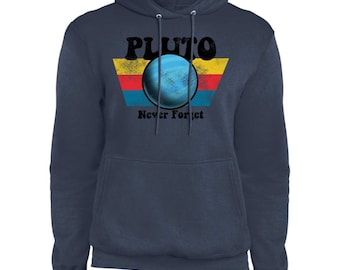 May include: A navy blue hooded sweatshirt featuring a graphic print on the chest. The design includes the word PLUTO in black, a blue planet illustration, and the text Never Forget, set against horizontal yellow, red, and blue stripes.