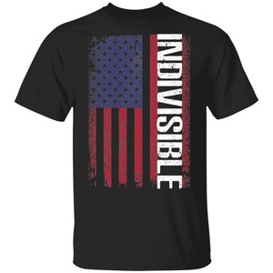 May include: A black short-sleeved t-shirt featuring a distressed graphic of the American flag with vertical stripes and a blue field of stars. The word INDIVISIBLE is printed in large, white, vertical capital letters over the red and white stripes.