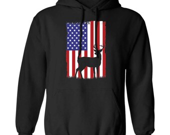 Hunting American Flag Pullover Hoodie, Patriotic Camo Deer Design, Hunter Season Wear, For Outdoor Enthusiasts, Fourth Of July