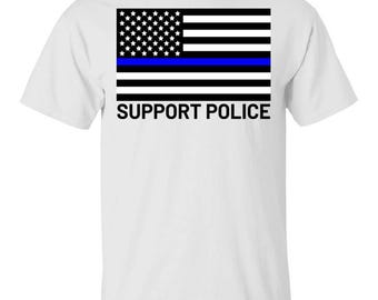Support Police Blue Line Flag Tee, Thin Blue Line Graphic, Law Enforcement Style, For Officers, Fathers Day