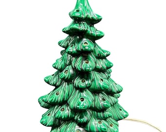 Vintage 1979 Holland Mold Ceramic Christmas Tree Green Lighted 10.5 Inch Retro