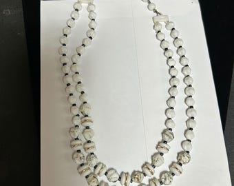 Vintage Double Strand Milk Glass Marbled White Black Gold Bead Necklace 16in