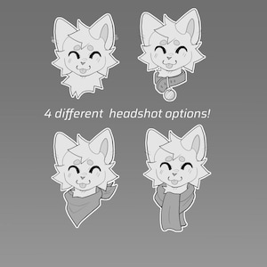 May include: Four cartoon headshot designs of a smiling, light-colored furry character with a tongue sticking out. The character has large ears and is wearing a collar, scarf, or bandana in different designs. The text "4 different headshot options!" is below the images.