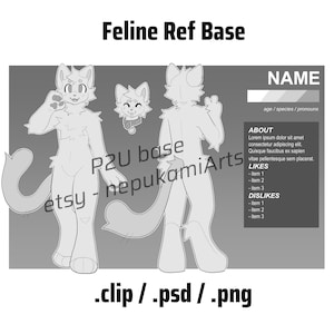 Puede incluir: Una plantilla de arte digital Feline Ref Base en escala de grises. La imagen presenta una vista frontal, lateral y de la cabeza de un personaje de gato de dibujos animados. El texto incluye "Feline Ref Base", "P2U base" y una sección para detalles del personaje.