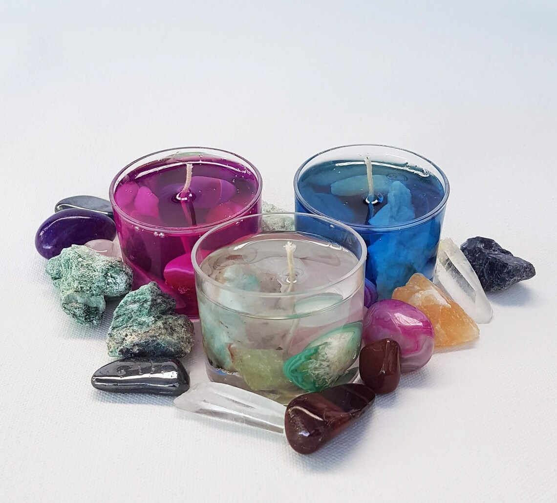 Three Crystal Gel Candles / Handmade / Stones / Crystals / Etsy