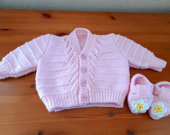 Hand Knitted Pink Sparkly V Neck Cardigan with a pair Pink Sparkly Sandals