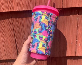 Mushroom Rainbow print 24 ounce Iced Coffee Cozy~ Iced Coffee Sleeve~ Fleece Insulated