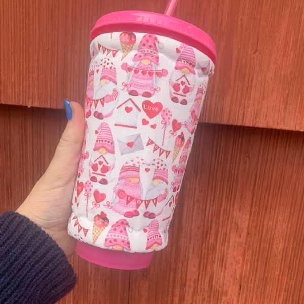 Drink cozy sleeve~ Love Gnomes Love day print drink cozy Dunkin Lover Print Coffee cozy~ 24 ounce Iced Coffee Sleeve~ Fleece Insulated