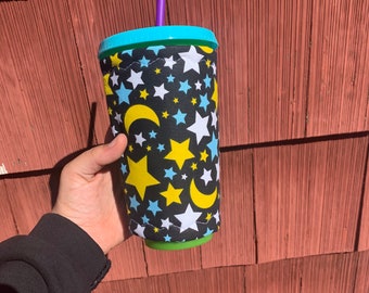 Star and Moon print Coffee Cozy~24 ounce Iced Coffee Sleeve ~ Insulated fleece