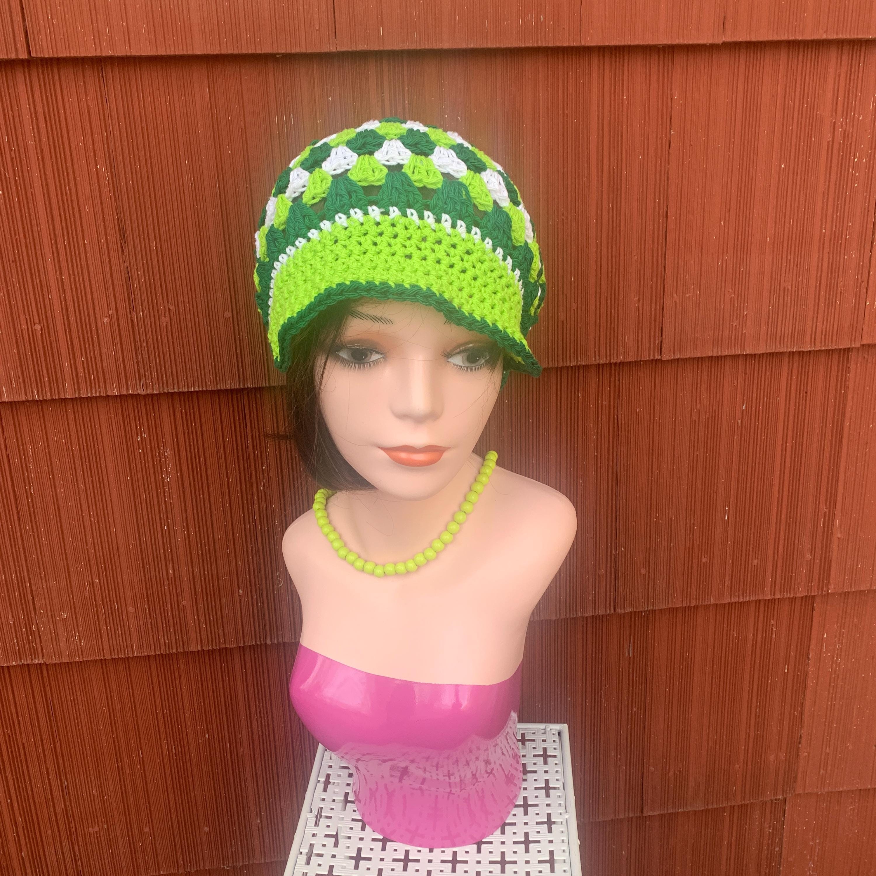 LIME GREEN PLEATED TOP  BERET STYLE CLOTH HAT Made In USA White and Lime Green Beret |FeltHappiness Hats main image 3