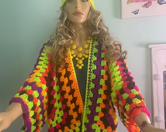 It’s Electric Boogie Woogie Neon Lights Oversized Cardigan ~ Boho Hippie Style~Neon Glow Party~ Electric Rave~ READY TO SHIP