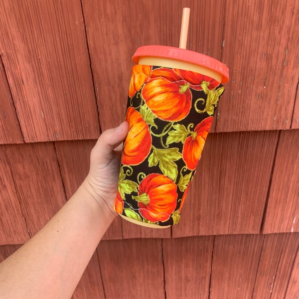 Pumpkin Patch metallic Pumpkin Fall print drink cozy Dunkin Lover Print Coffee cozy~ 24 ounce Iced Coffee Sleeve~ Fleece Insulated