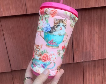Drink cozy sleeve~ Pink Teacup Kitten print drink cozy Dunkin Lover Print Coffee cozy~ 24 ounce Iced Coffee Sleeve~ Fleece Insulated