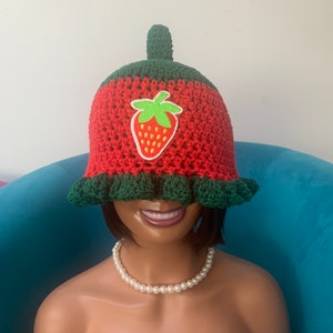 100% cotton Adult unisex Crochet Strawberry Festival Hat~ bucket Ruffle~  ~Adult Unisex Size